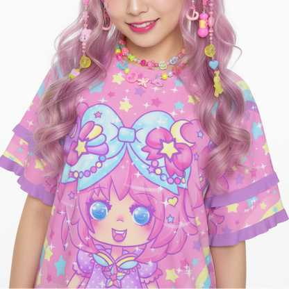 Kawaii fashion Harajuku fashion Jfashion Japanese street fashion Decora kei kidcore Bubbles Rainbow Land Round Neck Raglan Sleeve Ruffle Frill T-Shirt dopamine colors decora fashion colorful vivid bold alt fashion