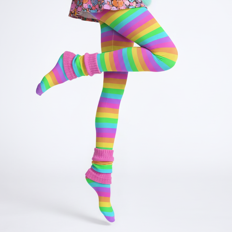 Kawaii fashion Harajuku fashion Jfashion Japanese street fashion Decora kei kidcore clowncore dopamine Footed Stockings Pantyhose Rainbow Wonderland Stretchy Tights (Color Block Stripes) Neon vivid bold