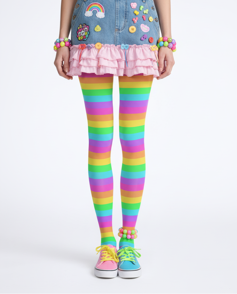 Kawaii fashion Harajuku fashion Jfashion Japanese street fashion Decora kei kidcore clowncore dopamine Footed Stockings Pantyhose Rainbow Wonderland Stretchy Tights (Color Block Stripes) Neon vivid bold
