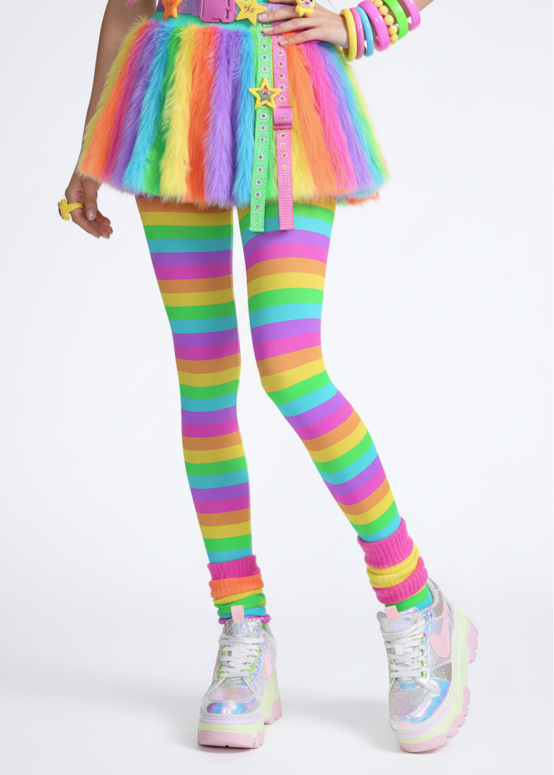 Kawaii fashion Harajuku fashion Jfashion Japanese street fashion Decora kei kidcore clowncore dopamine Footed Stockings Pantyhose Rainbow Wonderland Stretchy Tights (Color Block Stripes) Neon vivid bold