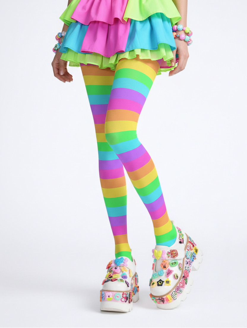 Kawaii fashion Harajuku fashion Jfashion Japanese street fashion Decora kei kidcore clowncore dopamine Rainbow Wonderland Stretchy Tights (Color Block Stripes) Colorful Footed Stockings  Pantyhose
