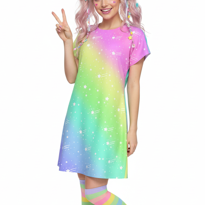 Kawaii fashion Harajuku fashion Jfashion Japanese street fashion decora kei kidcore cutecore jojifuku Wishful Rainbow Women's Short Sleeve Dress colorful dopamine dressing 
