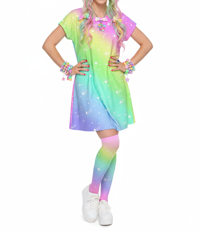 Kawaii fashion Harajuku fashion Jfashion Japanese street fashion decora kei kidcore cutecore jojifuku Wishful Rainbow Women's Short Sleeve Dress colorful dopamine dressing 