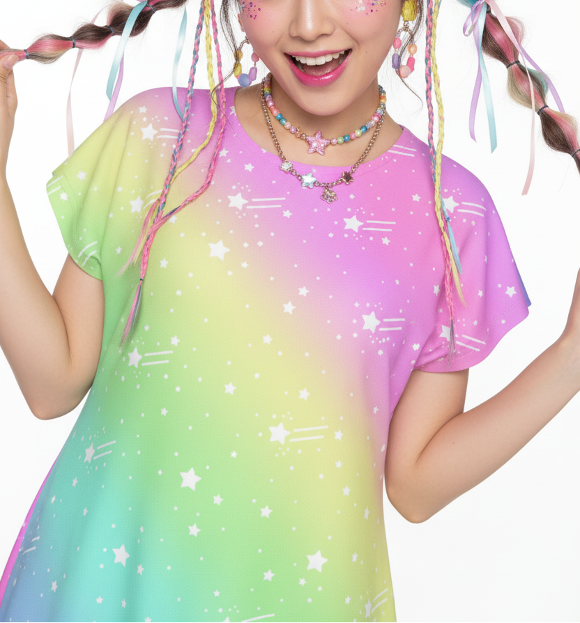 Kawaii fashion Harajuku fashion Jfashion Japanese street fashion decora kei kidcore cutecore jojifuku Wishful Rainbow Women's Short Sleeve Dress colorful dopamine dressing 