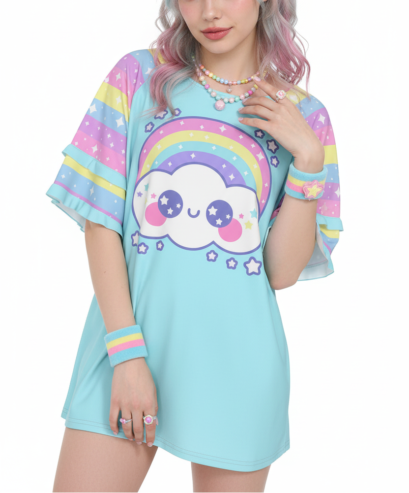 Kawaii fashion Harajuku fashion Jfashion Japanese street fashion fairy kei yume kawaii cutecore jojifuku Happy Rainbow Cloud Blue Round Neck Raglan Sleeve Ruffle Frill T-Shirt aqua blue