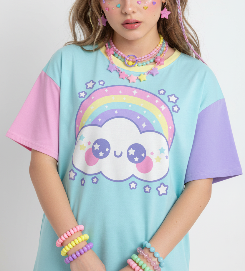Kawaii fashion Harajuku fashion Jfashion Japanese street fashion fairy kei yume kawaii cutecore jojifuku Happy Rainbow Cloud Blue Women's Drop Shoulder T-Shirt pastel rainbow alternative fashion alt fashion 
