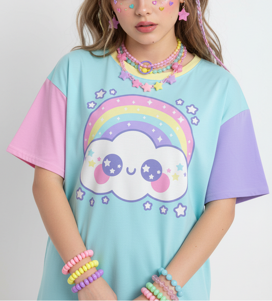Kawaii fashion Harajuku fashion Jfashion Japanese street fashion fairy kei yume kawaii cutecore jojifuku Happy Rainbow Cloud Blue Women's Drop Shoulder T-Shirt pastel rainbow alternative fashion alt fashion 
