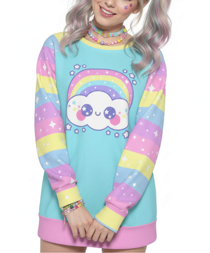 Kawaii fashion Harajuku fashion Jfashion Japanese street fashion fairy kei yume kawaii cutecore jojifuku Happy Rainbow Cloud Blue Women's Raglan Sleeve Sweatshirt pastel rainbow alternative fashion alt fashion 