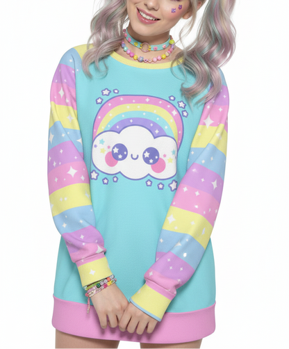 Kawaii fashion Harajuku fashion Jfashion Japanese street fashion fairy kei yume kawaii cutecore jojifuku Happy Rainbow Cloud Blue Women's Raglan Sleeve Sweatshirt pastel rainbow alternative fashion alt fashion 
