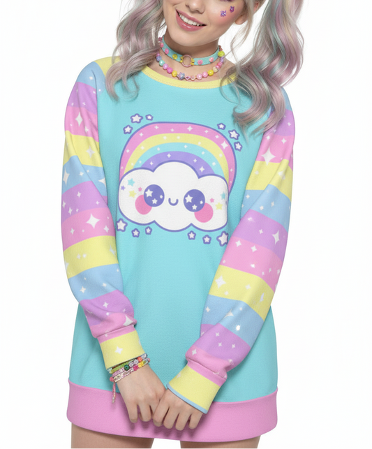 Kawaii fashion Harajuku fashion Jfashion Japanese street fashion fairy kei yume kawaii cutecore jojifuku Happy Rainbow Cloud Blue Women's Raglan Sleeve Sweatshirt pastel rainbow alternative fashion alt fashion 