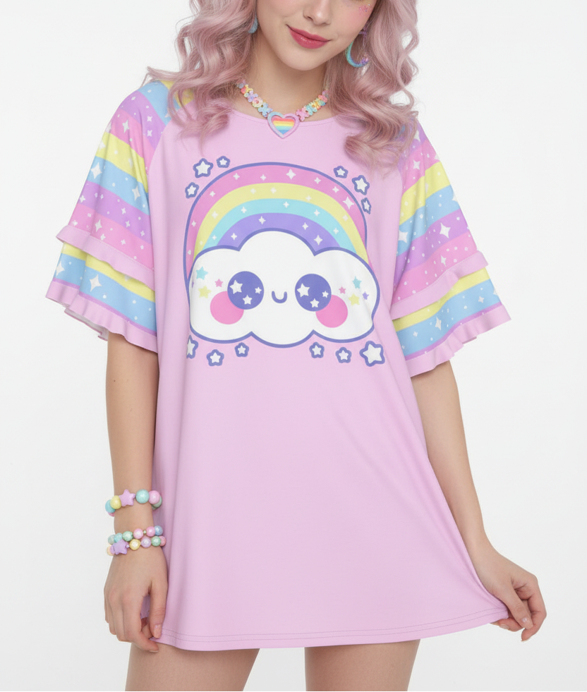 Kawaii fashion Harajuku fashion Jfashion Japanese street fashion fairy kei yume kawaii cutecore jojifuku Happy Rainbow Cloud Pink Round Neck Raglan Sleeve Ruffle Frill T-Shirt pastel rainbow pink