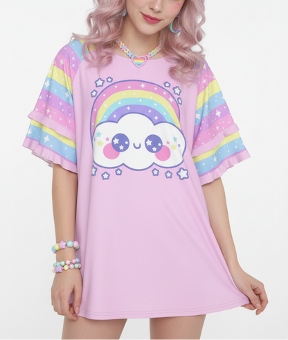 Kawaii fashion Harajuku fashion Jfashion Japanese street fashion fairy kei yume kawaii cutecore jojifuku Happy Rainbow Cloud Pink Round Neck Raglan Sleeve Ruffle Frill T-Shirt pastel rainbow pink