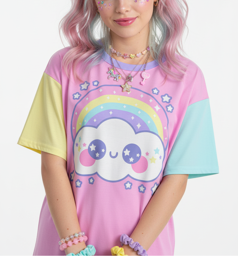 Kawaii fashion Harajuku fashion Jfashion Japanese street fashion fairy kei yume kawaii cutecore jojifuku Happy Rainbow Cloud Bubblegum Pink Women's Drop Shoulder T-Shirt pastel rainbow alternative fashion alt fashion color block