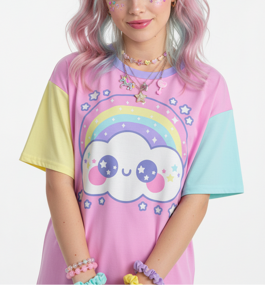 Kawaii fashion Harajuku fashion Jfashion Japanese street fashion fairy kei yume kawaii cutecore jojifuku Happy Rainbow Cloud Bubblegum Pink Women's Drop Shoulder T-Shirt pastel rainbow alternative fashion alt fashion color block
