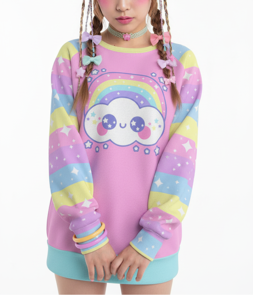 Kawaii fashion Harajuku fashion Jfashion Japanese street fashion fairy kei yume kawaii cutecore jojifuku Happy Rainbow Cloud Pink Women's Raglan Sleeve Sweatshirt pastel rainbow alternative fashion alt fashion  bubblegum pink colorful stripes sparkles stars magical girl mahou kei 