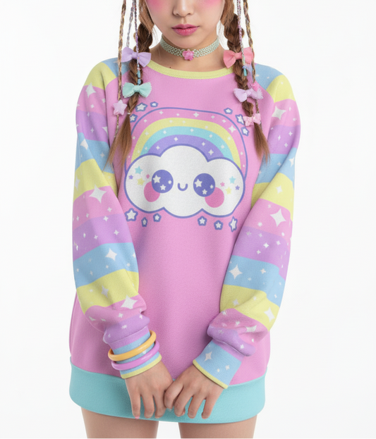 Kawaii fashion Harajuku fashion Jfashion Japanese street fashion fairy kei yume kawaii cutecore jojifuku Happy Rainbow Cloud Pink Women's Raglan Sleeve Sweatshirt pastel rainbow alternative fashion alt fashion  bubblegum pink colorful stripes sparkles stars magical girl mahou kei 