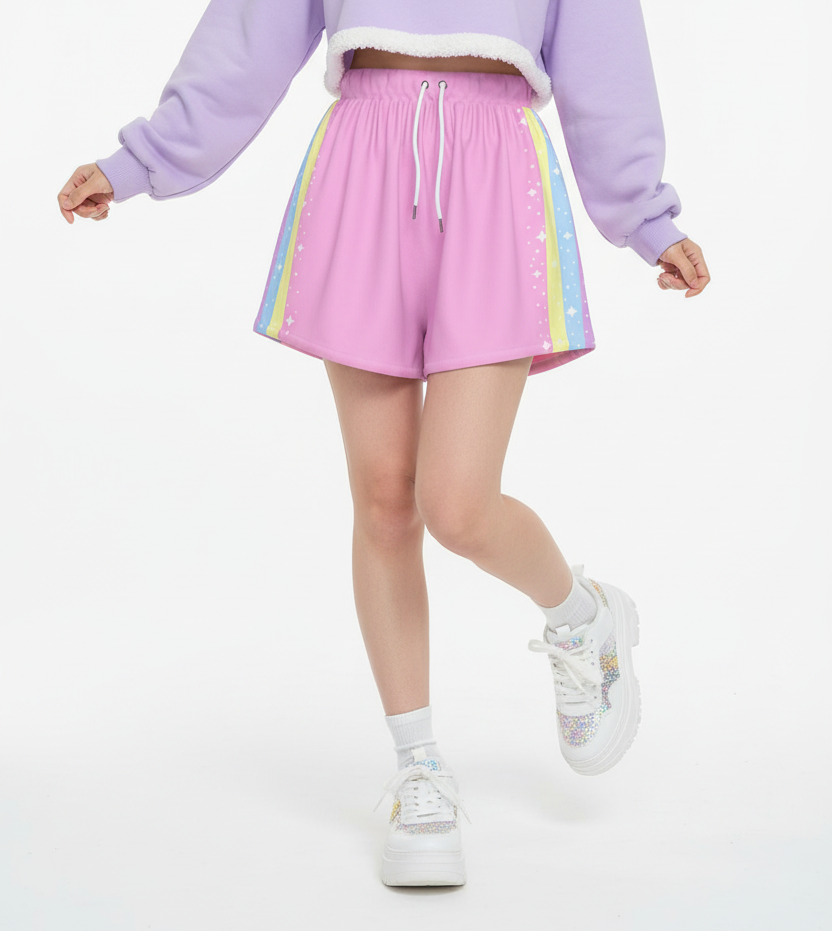 Kawaii fashion Harajuku fashion Jfashion Japanese street fashion fairy kei yume kawaii cutecore jojifuku  Happy Rainbow Cloud Pink Women's Sports Shorts pastel rainbow bubblegum pink sportswear loungewear 