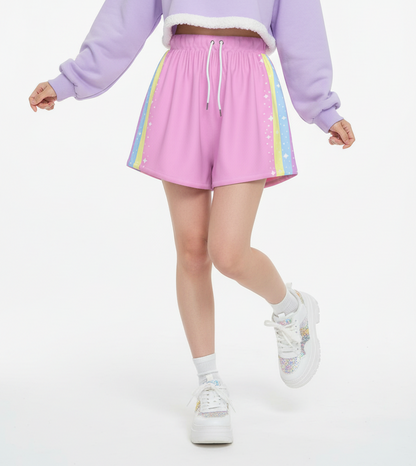 Kawaii fashion Harajuku fashion Jfashion Japanese street fashion fairy kei yume kawaii cutecore jojifuku  Happy Rainbow Cloud Pink Women's Sports Shorts pastel rainbow bubblegum pink sportswear loungewear 