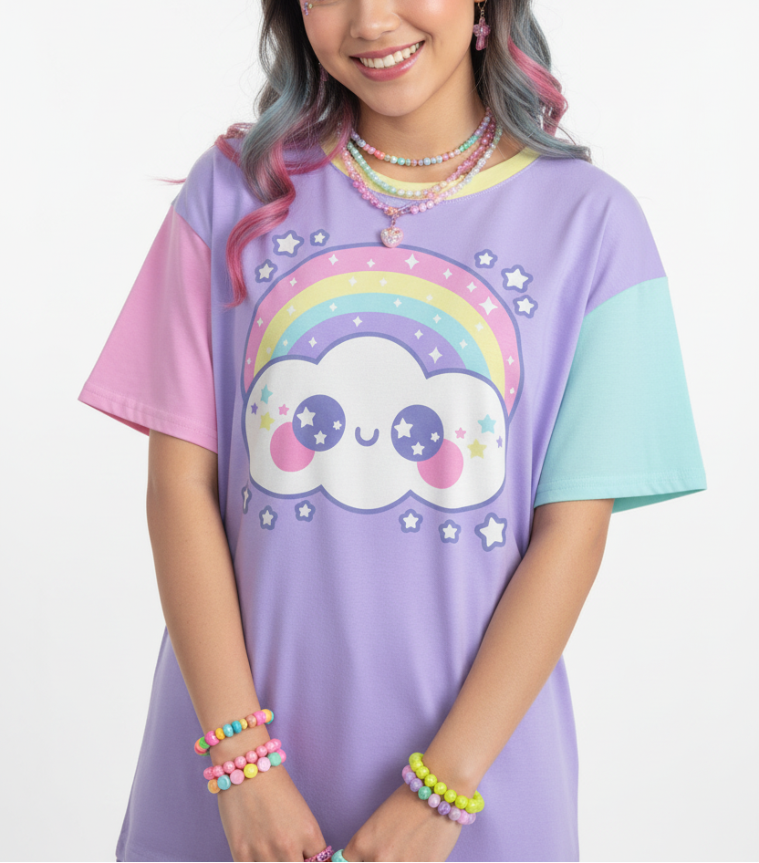 Kawaii fashion Harajuku fashion Jfashion Japanese street fashion fairy kei yume kawaii cutecore jojifuku Happy Rainbow Cloud Purple Women's Drop Shoulder T-Shirt pastel rainbow alternative fashion alt fashion color block anime cartoon lavender lilac violet