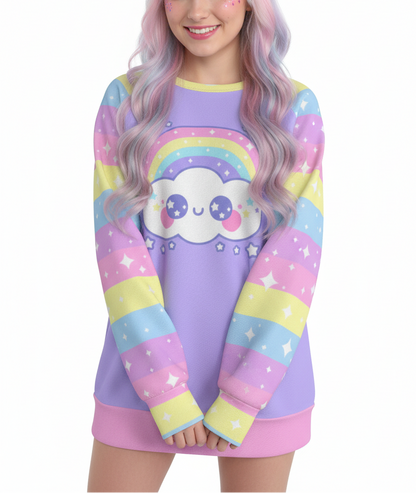 Kawaii fashion Harajuku fashion Jfashion Japanese street fashion fairy kei yume kawaii cutecore jojifuku Happy Rainbow Cloud Purple Women's Raglan Sleeve Sweatshirt pastel rainbow alternative fashion alt fashion colorful stripes lilac lavender violet 