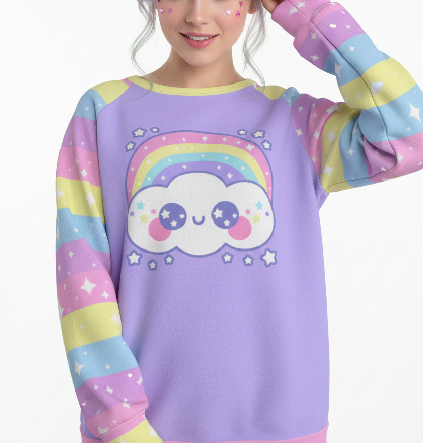 Kawaii fashion Harajuku fashion Jfashion Japanese street fashion fairy kei yume kawaii cutecore jojifuku Happy Rainbow Cloud Purple Women's Raglan Sleeve Sweatshirt pastel rainbow alternative fashion alt fashion colorful stripes lilac lavender violet 