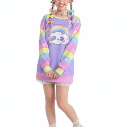 Kawaii fashion Harajuku fashion Jfashion Japanese street fashion fairy kei yume kawaii cutecore jojifuku Happy Rainbow Cloud Purple Women's Raglan Sleeve Sweatshirt pastel rainbow alternative fashion alt fashion colorful stripes lilac lavender violet 