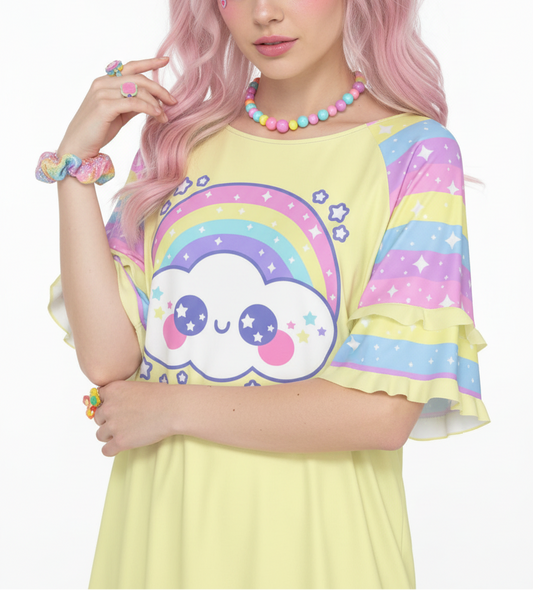 Kawaii fashion Harajuku fashion Jfashion Japanese street fashion fairy kei yume kawaii cutecore jojifuku Happy Rainbow Cloud Yellow Round Neck Raglan Sleeve Ruffle Frill T-Shirt