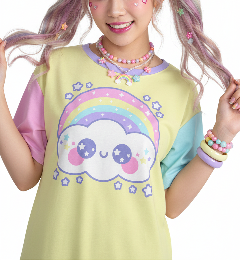 Kawaii fashion Harajuku fashion Jfashion Japanese street fashion fairy kei yume kawaii cutecore jojifuku Happy Rainbow Cloud Yellow Women's Drop Shoulder T-Shirt pastel rainbow alternative fashion alt fashion color block 
