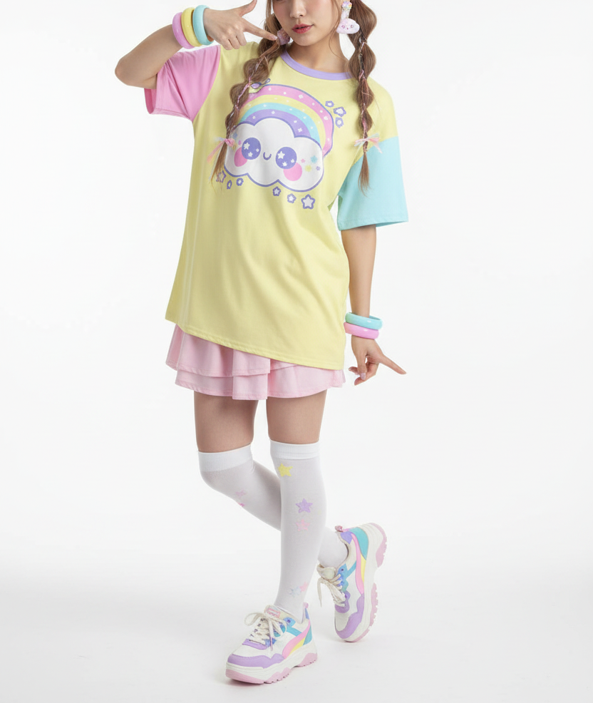 Kawaii fashion Harajuku fashion Jfashion Japanese street fashion fairy kei yume kawaii cutecore jojifuku Happy Rainbow Cloud Yellow Women's Drop Shoulder T-Shirt pastel rainbow alternative fashion alt fashion color block 