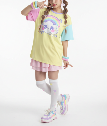 Kawaii fashion Harajuku fashion Jfashion Japanese street fashion fairy kei yume kawaii cutecore jojifuku Happy Rainbow Cloud Yellow Women's Drop Shoulder T-Shirt pastel rainbow alternative fashion alt fashion color block 