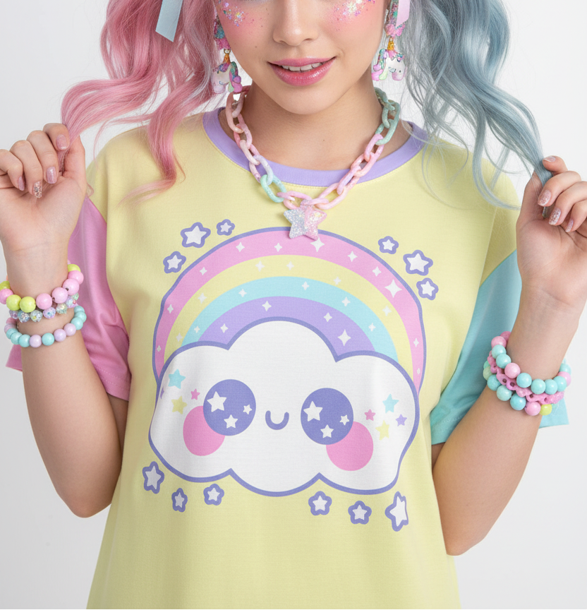Kawaii fashion Harajuku fashion Jfashion Japanese street fashion fairy kei yume kawaii cutecore jojifuku Happy Rainbow Cloud Yellow Women's Drop Shoulder T-Shirt pastel rainbow alternative fashion alt fashion color block 