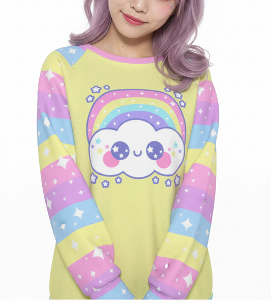 Kawaii fashion Harajuku fashion Jfashion Japanese street fashion fairy kei yume kawaii cutecore jojifuku Happy Rainbow Cloud Yellow Women's Raglan Sleeve Sweatshirt pastel rainbow alternative fashion alt fashion colorful stripes sparkles stars magical girl mahou kei 