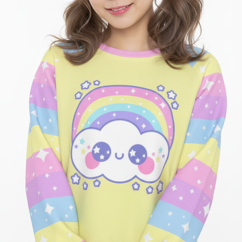 Kawaii fashion Harajuku fashion Jfashion Japanese street fashion fairy kei yume kawaii cutecore jojifuku Happy Rainbow Cloud Yellow Women's Raglan Sleeve Sweatshirt pastel rainbow alternative fashion alt fashion colorful stripes sparkles stars magical girl mahou kei 