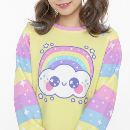 Kawaii fashion Harajuku fashion Jfashion Japanese street fashion fairy kei yume kawaii cutecore jojifuku Happy Rainbow Cloud Yellow Women's Raglan Sleeve Sweatshirt pastel rainbow alternative fashion alt fashion colorful stripes sparkles stars magical girl mahou kei 