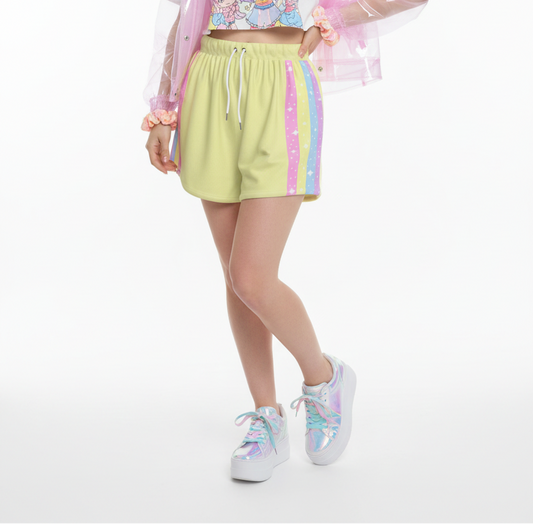 Kawaii fashion Harajuku fashion Jfashion Japanese street fashion fairy kei yume kawaii cutecore jojifuku  Happy Rainbow Cloud Yellow Women's Sports Shorts pastel rainbow sunshine yellow sportswear loungewear 