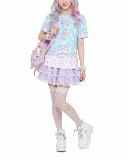 Kawaii fashion Harajuku fashion Jfashion Japanese street fashion fairy kei yume kawaii cutecore jojifuku Pastel Party Unisex Cotton T-Shirt (Blue)