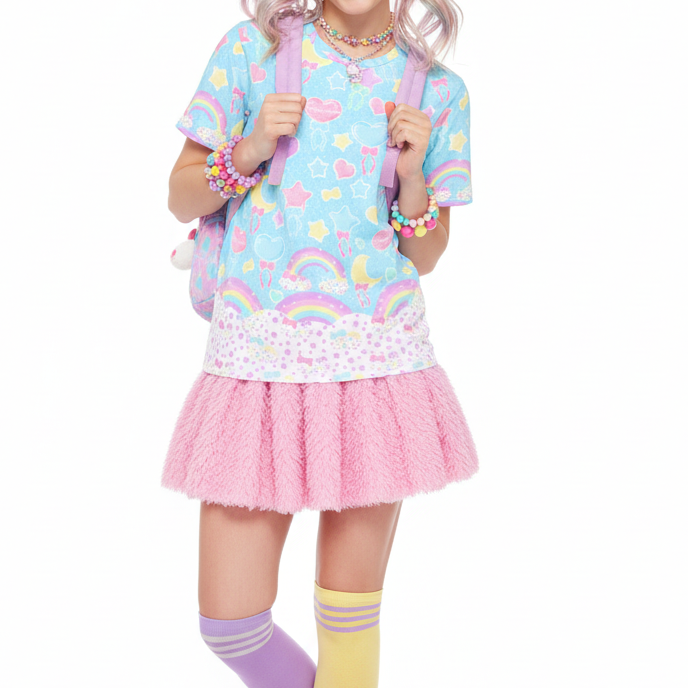 Kawaii fashion Harajuku fashion Jfashion Japanese street fashion fairy kei yume kawaii cutecore jojifuku Pastel Party Unisex Cotton T-Shirt (Blue)