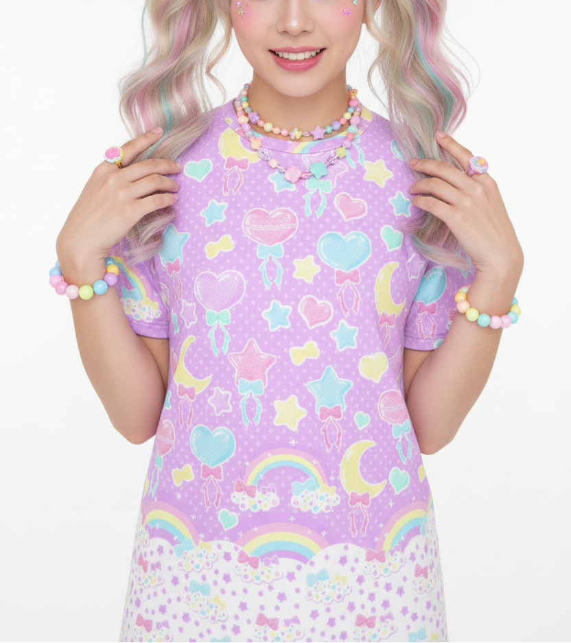 Kawaii fashion Harajuku fashion Jfashion Japanese street fashion fairy kei yume kawaii cutecore jojifuku Pastel Party Unisex Cotton T-Shirt (Lavender) lilac purple violet colorful 