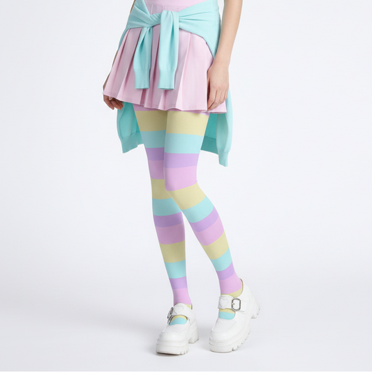 Kawaii fashion Harajuku fashion Jfashion Japanese street fashion fairy kei yume kawaii cutecore jojifuku Pastel Stripes Stretchy Tights (Color Block) Footed Stockings Pantyhose pastel rainbow
