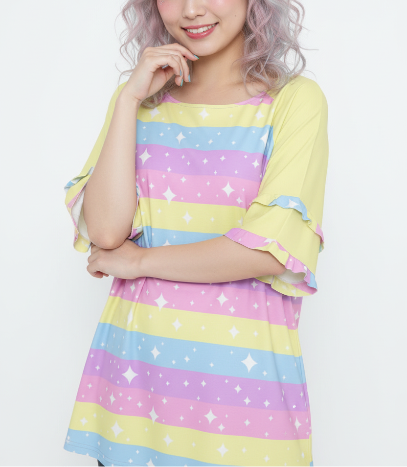 Kawaii fashion Harajuku fashion Jfashion Japanese street fashion fairy kei yume kawaii cutecore jojifuku Rainbow Ribbon Round Neck Raglan Sleeve Ruffle Frill T-Shirt (Yellow) pastel