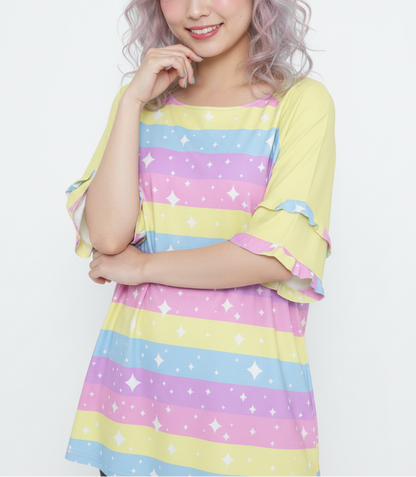 Kawaii fashion Harajuku fashion Jfashion Japanese street fashion fairy kei yume kawaii cutecore jojifuku Rainbow Ribbon Round Neck Raglan Sleeve Ruffle Frill T-Shirt (Yellow) pastel