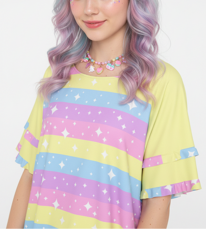 Kawaii fashion Harajuku fashion Jfashion Japanese street fashion fairy kei yume kawaii cutecore jojifuku Rainbow Ribbon Round Neck Raglan Sleeve Ruffle Frill T-Shirt (Yellow) pastel