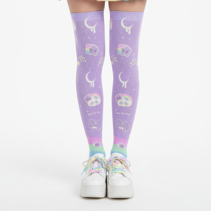 Kawaii fashion Harajuku fashion Jfashion Japanese street fashion fairy kei yume kawaii cutecore jojifuku Rainbow Stardust Unicorn Over Knee Stocking Socks purple lilac lavender moons shooting stars 