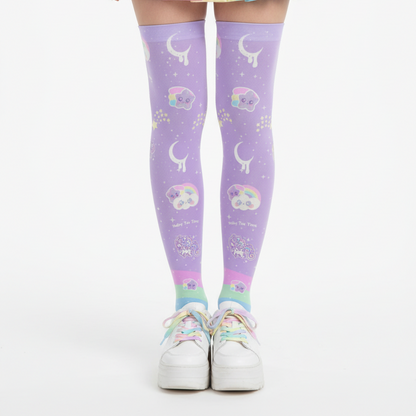 Kawaii fashion Harajuku fashion Jfashion Japanese street fashion fairy kei yume kawaii cutecore jojifuku Rainbow Stardust Unicorn Over Knee Stocking Socks purple lilac lavender moons shooting stars 