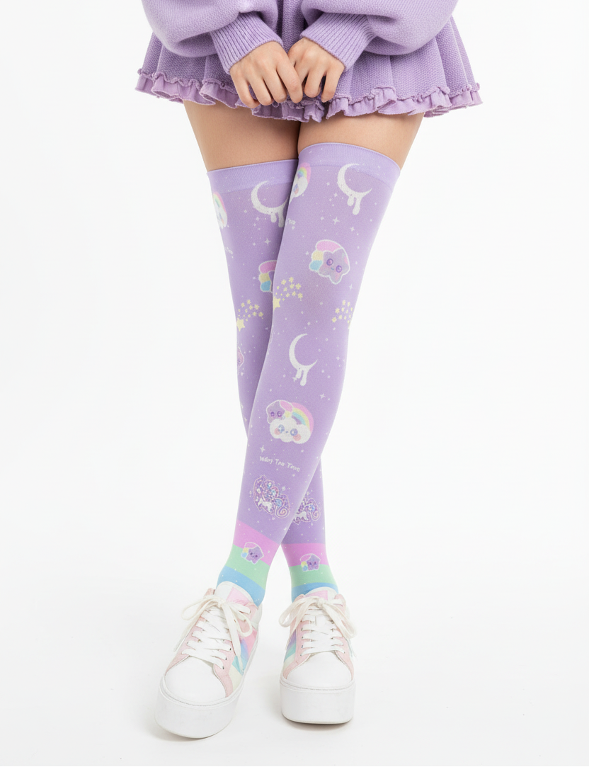 Kawaii fashion Harajuku fashion Jfashion Japanese street fashion fairy kei yume kawaii cutecore jojifuku Rainbow Stardust Unicorn Over Knee Stocking Socks purple lilac lavender moons shooting stars 