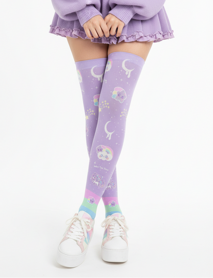 Kawaii fashion Harajuku fashion Jfashion Japanese street fashion fairy kei yume kawaii cutecore jojifuku Rainbow Stardust Unicorn Over Knee Stocking Socks purple lilac lavender moons shooting stars 
