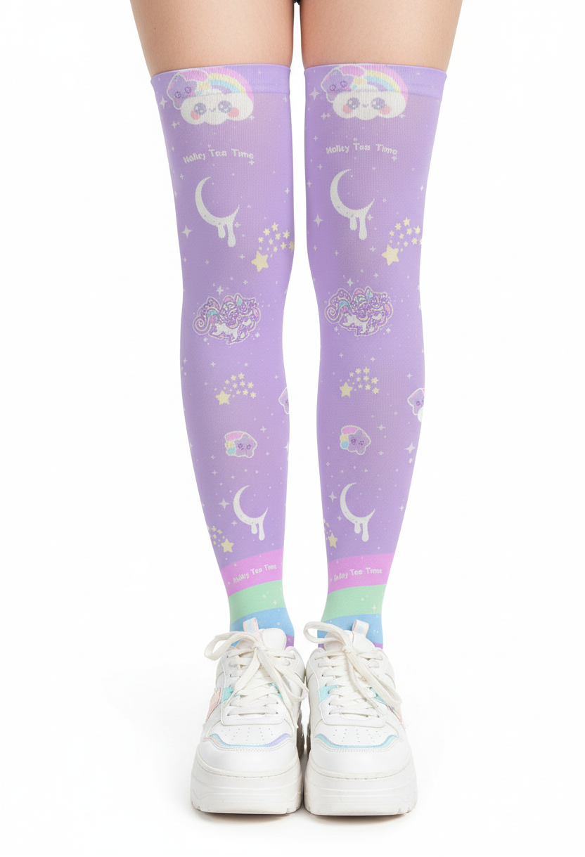 Kawaii fashion Harajuku fashion Jfashion Japanese street fashion fairy kei yume kawaii cutecore jojifuku Rainbow Stardust Unicorn Over Knee Stocking Socks purple lilac lavender moons shooting stars sparkle
