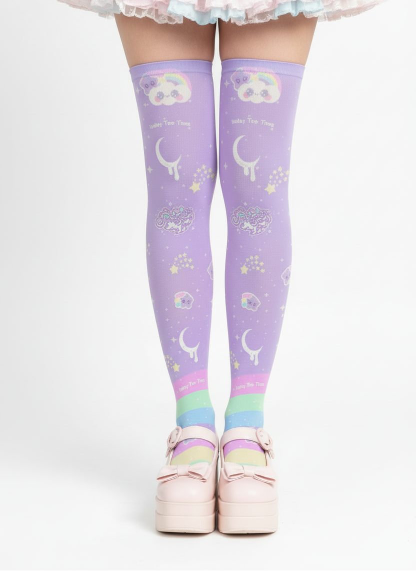 Kawaii fashion Harajuku fashion Jfashion Japanese street fashion fairy kei yume kawaii cutecore jojifuku Rainbow Stardust Unicorn Over Knee Stocking Socks purple lilac lavender moons shooting stars sparkle