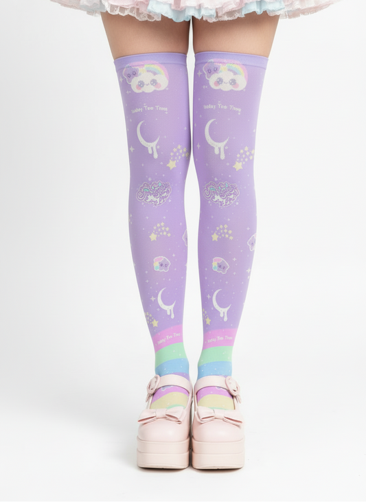 Kawaii fashion Harajuku fashion Jfashion Japanese street fashion fairy kei yume kawaii cutecore jojifuku Rainbow Stardust Unicorn Over Knee Stocking Socks purple lilac lavender moons shooting stars sparkle