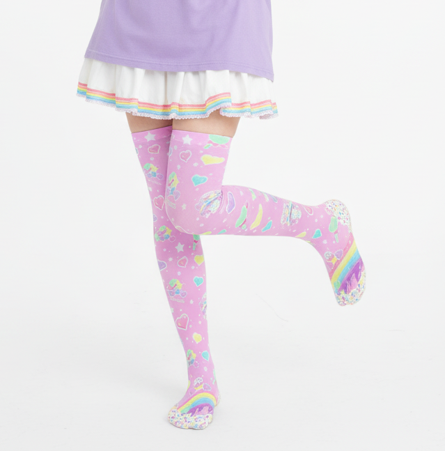 Kawaii fashion Harajuku fashion Jfashion Japanese street fashion fairy kei yume kawaii cutecore jojifuku Rainbow Sweets Over Knee Stocking Socks (Pink) pastel Pantyhose Pastel Rainbow
